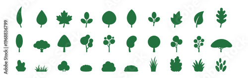 collection of green tree leaf and plant icons isolated on transparent background