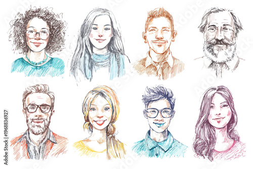 Diverse sketch portraits of people of varying ages and styles