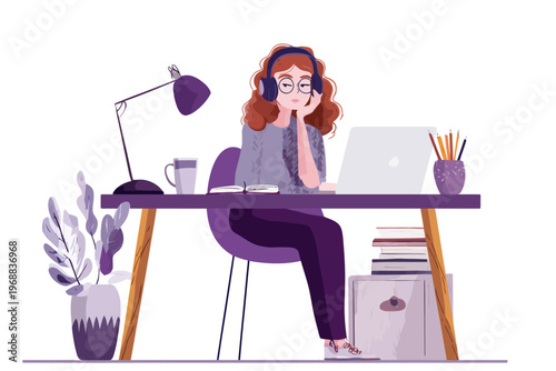 Young caucasian female listening to music while working at home desk