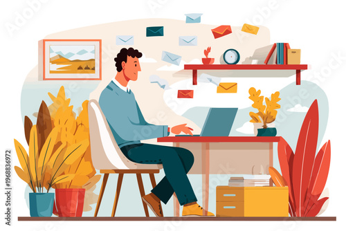 Young caucasian male working at desk with laptop in home office setting with plants and shelves