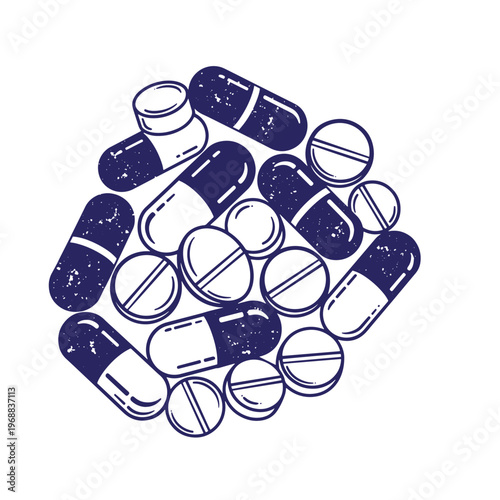 A collection of dark blue medical pills and capsules with a distressed texture arranged in a cluster on a white background
