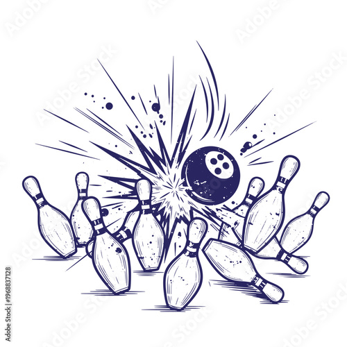 Bowling ball striking pins with explosive impact effect in a dark blue ink style on a white background