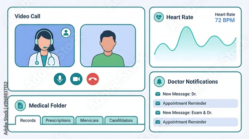 A digital illustration of a telemedicine interface on a computer screen showing a video call between a doctor and patient along with heart rate monitoring and doctor notifications