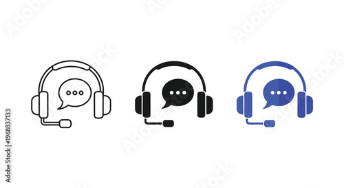 Three stylized headset icons with speech bubbles representing communication modes Vector