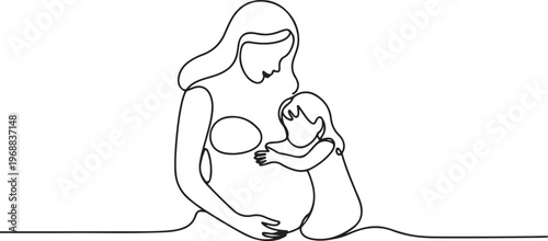 One continuous single drawing line art flat doodle mother, children, daughter, pregnant, woman, togetherness belly pregnancy. One line draw graphic design vector