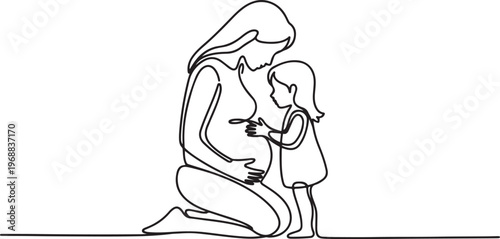 One continuous single drawing line art flat doodle mother, children, daughter, pregnant, woman, togetherness belly pregnancy. One line draw graphic design vector