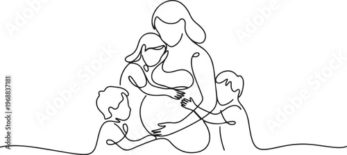 One continuous single drawing line art flat doodle mother, children, daughter, pregnant, woman, togetherness belly pregnancy. One line draw graphic design vector