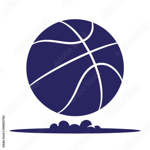 Dark blue basketball silhouette with white seam lines bouncing on the ground with a small dust cloud effect isolated on a white background