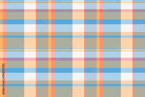 Madras plaid background fabric, business check seamless tartan. Africa pattern textile texture vector in cyan and orange colors.