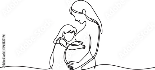 One continuous single drawing line art flat doodle mother, children, daughter, pregnant, woman, togetherness belly pregnancy. One line draw graphic design vector