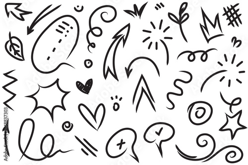 Hand drawn doodle collection arrows shapes and symbols in black and white