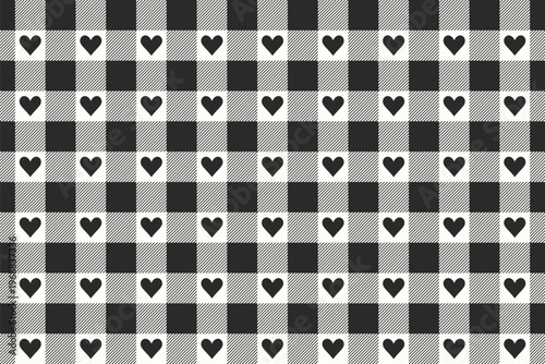 Black And White Vichy Background With Heart. Gingham Seamless Pattern. Valentines Day Print.