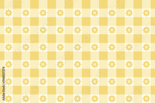 Yellow Vichy Background With Flower. Gingham Seamless Pattern. Easter Print.