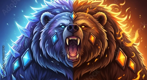 Epic Fantasy Bear with Fire and Ice Elements – Glowing Roaring Portrait