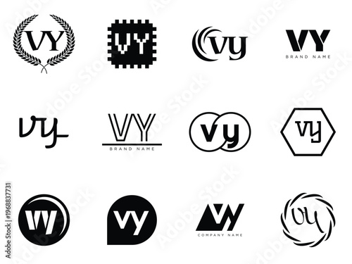 VY logo company template. Letter v and y logotype. Set different classic serif lettering and modern bold text with design elements. Initial font typography.
