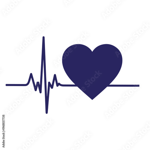 Dark blue heart shape integrated with an electrocardiogram pulse line on a white background representing cardiac health and medical monitoring