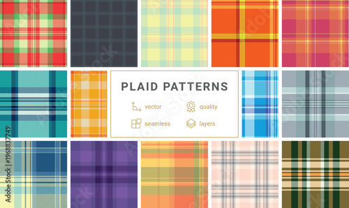 Plaid pack for layering and seasonal casual wear. Multiple tartan patterns create variety for menswear lines. Vector scalability supports large formats.