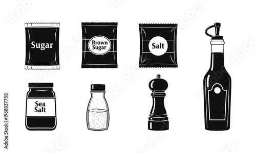 Illustrated collection of common kitchen condiments and seasonings