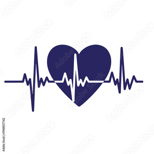 Dark blue heart shape silhouette with a white horizontal electrocardiogram line crossing through the center on a plain white background