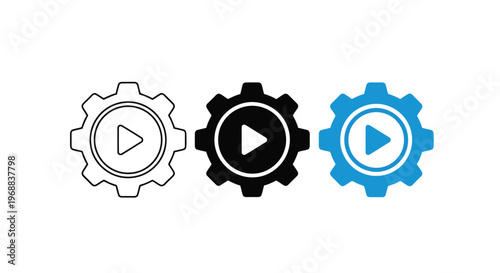 Three stylized gear icons with play buttons representing different media states or versions Vector