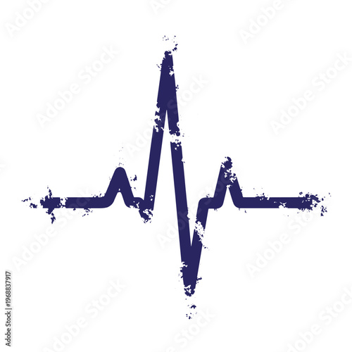 Dark blue heartbeat pulse line with a distressed grunge texture isolated on a plain white background representing medical cardiology and vital signs monitoring