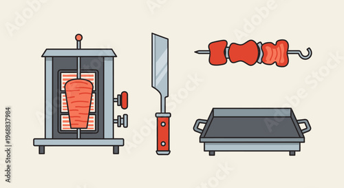 Various skewers of meat and vegetables, grilling utensils including spatula and knife, and a griddle on a light background.