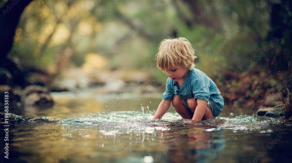Fototapeta premium child playing in shallow river with blured nature background