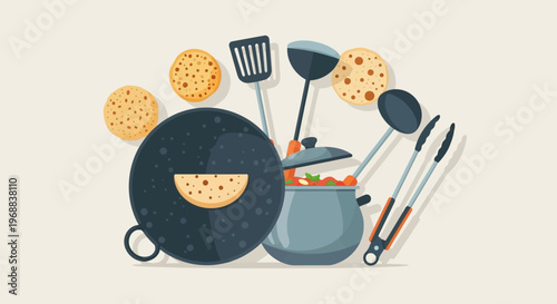 Traditional Cooking Pots and Pans with Flatbreads and Utensils in Bright Studio