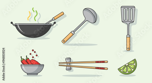 Wok with Ladle, Spatula, Red Chili, Chopsticks, and Lime for Asian Stir-Fry Cooking in Bright Studio