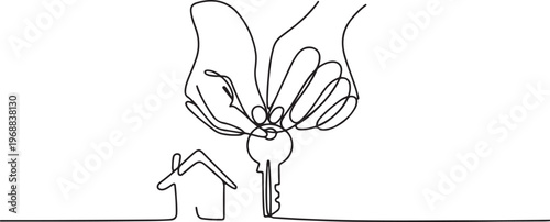 Hands hold key with house continuous one line art drawing. Real estate concept. One line draw graphic design vector