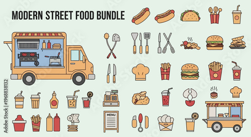 Modern Street Food Bundle with Food Truck, Diverse Foods, Drinks, and Cooking Utensils in Bright Studio