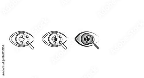 Illustration of the human eye examined with a magnifying glass in three different views Vector