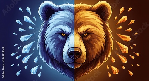 Fierce Two-Tone Bear Portrait – Blue and Orange Wildlife Art