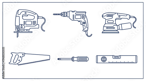 Essential Construction Hand and Power Tools Outline Set, Isolated White Background