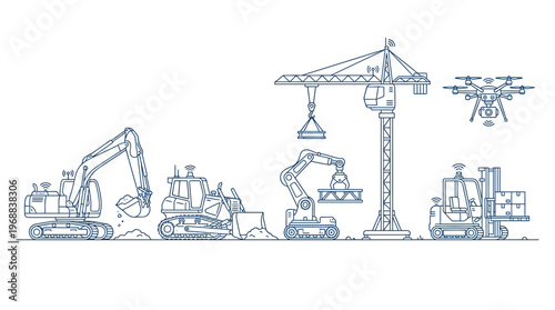 Large Construction Site with Heavy Machinery and Drone, Outline Vector Illustration