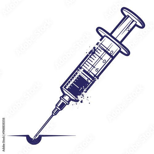 Dark blue ink style of a medical syringe injecting into skin with a small puncture mark and ink splatter effects isolated on a white background