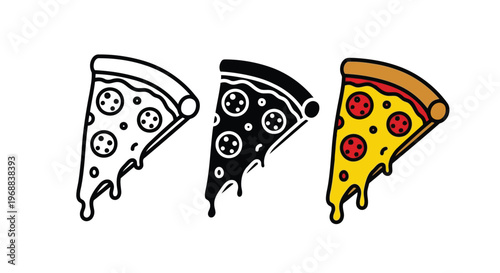 Three stylized pizza slices with different toppings and cheese styles dripping sauce Vector