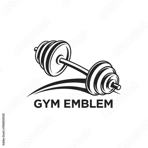 Gym emblem with barbell with the design includes a dynamic swoosh element and