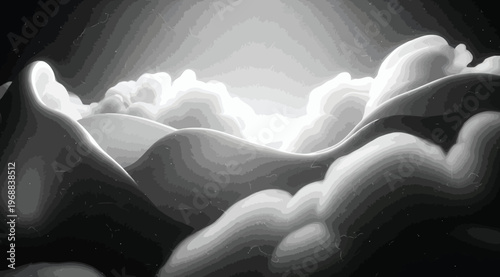 Abstract monochrome landscape with rolling hills and soft clouds, surreal dreamlike scenery with smooth gradients and ethereal lighting atmosphere