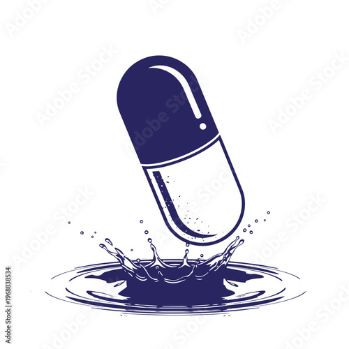 Dark blue medical capsule pill falling into a liquid splash creating ripples and droplets on a white background