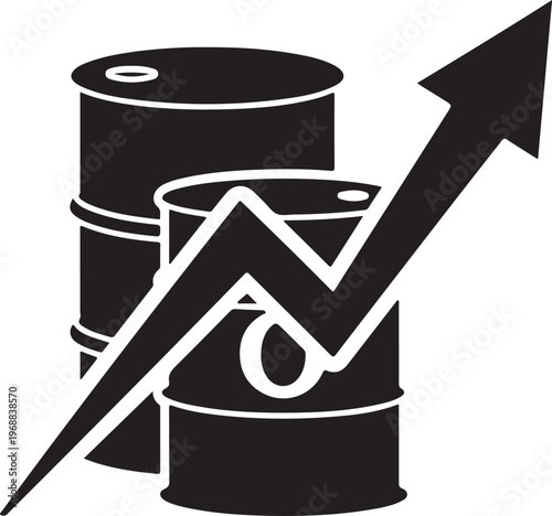 oil barrels with rising arrow and chart line representing fuel price increase energy market growth petroleum demand surge concept vector illustration