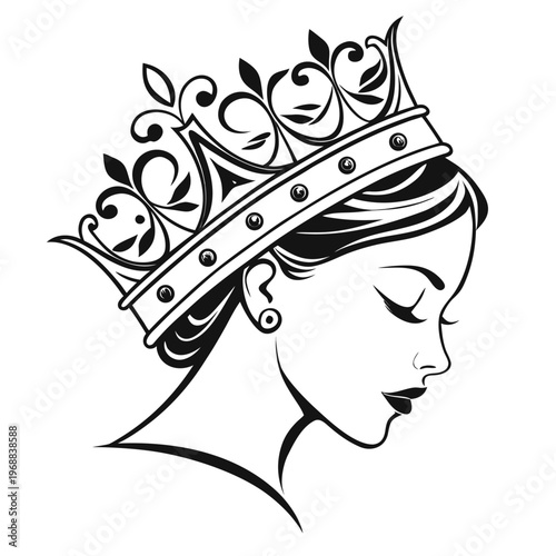 Woman wearing ornate crown with the artwork is stylized with clean lines