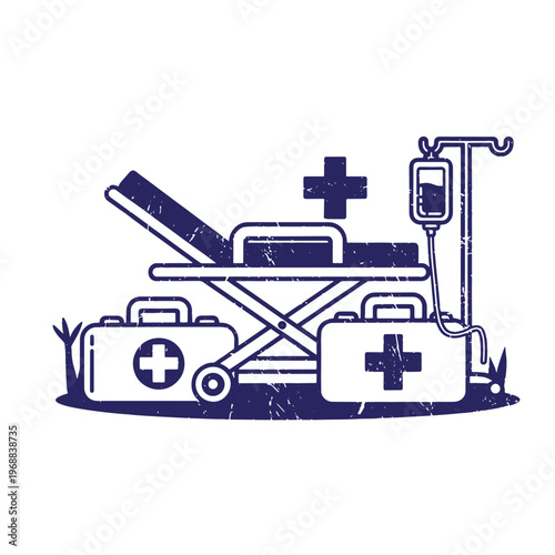 Dark blue medical featuring a hospital gurney with an i v drip stand and two first aid kits with cross symbols on a distressed textured background