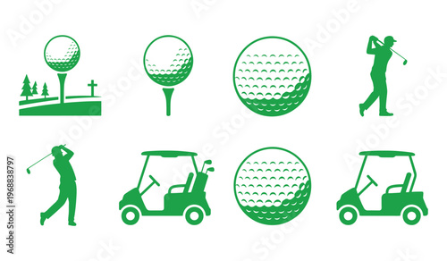 Illustrations of golf equipment and activities on a green course