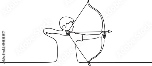 One continuous line drawing of young archer man pulling bow to shooting an archery target. One line draw graphic design vector
