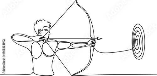 One continuous line drawing of young archer man pulling bow to shooting an archery target. One line draw graphic design vector