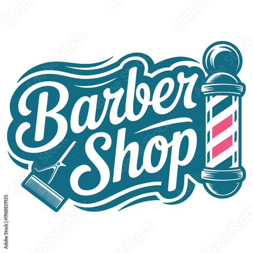 Vintage style barber shop logo with classic barber pole and comb