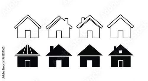 Variations of simple house icons with different roof styles and fill colors Vector