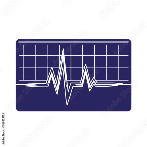 Dark blue rectangular featuring a white grid background with a jagged heartbeat pulse line representing an electrocardiogram or medical monitoring signal