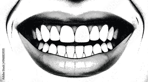 Closeup of a smiling mouth with healthy white teeth, detailed illustration of a happy expression showing a perfect smile with visible teeth